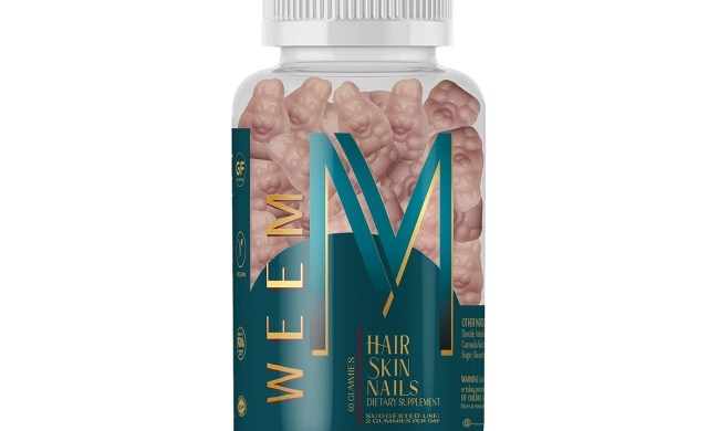 The bottle of the Weem Hair, Skin and Nails Gummies on a white background.